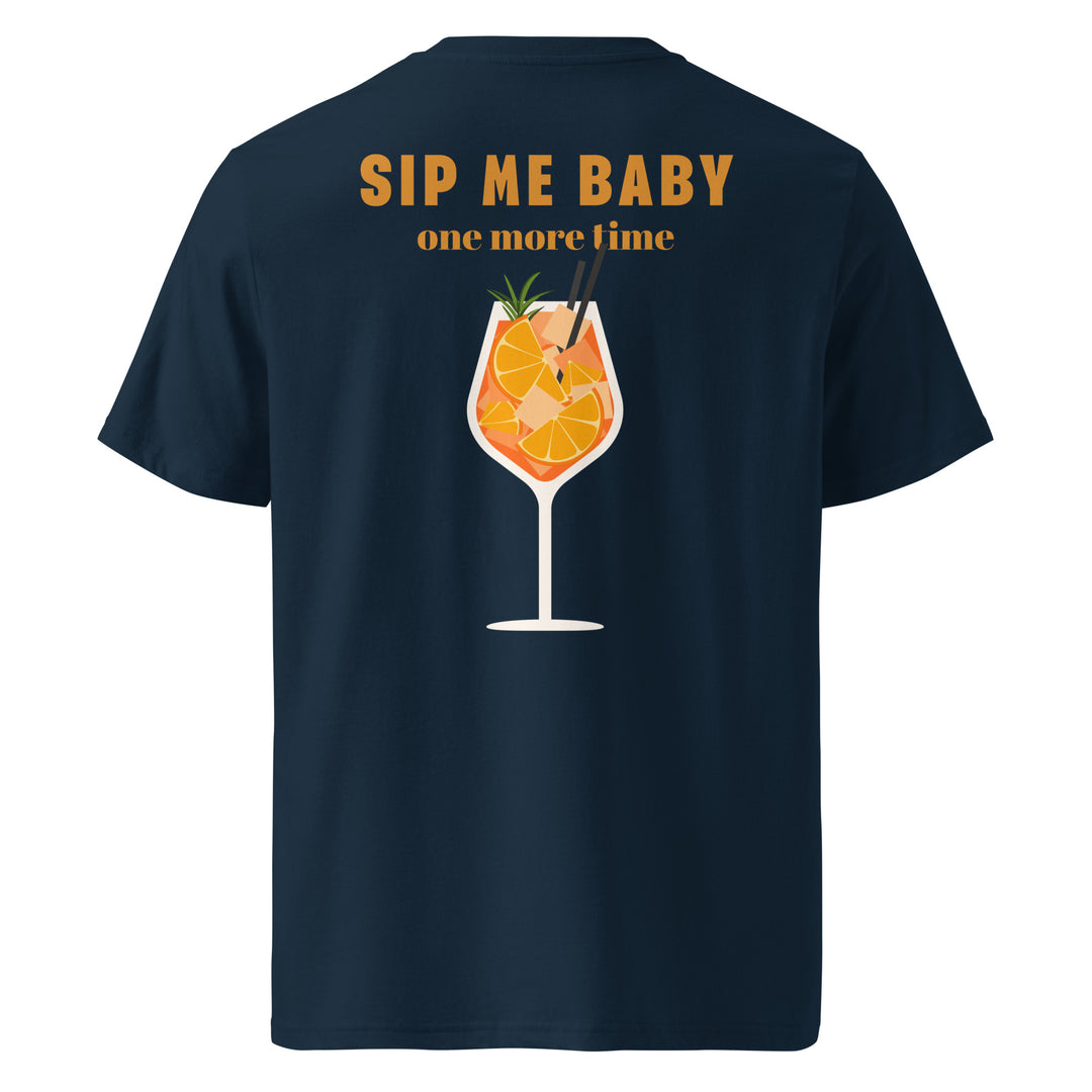 Sip Me Baby Organic T-shirt featuring a cocktail graphic and text on a navy background.