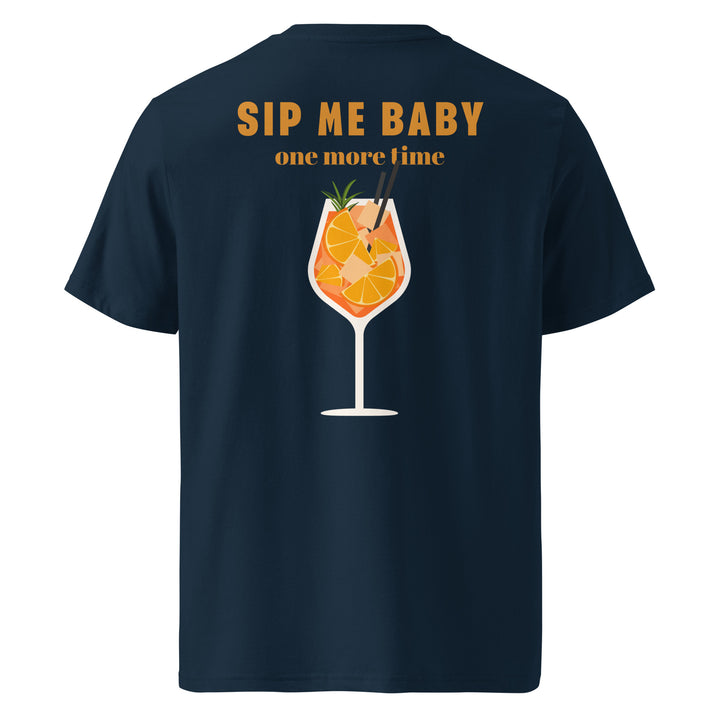 Sip Me Baby Organic T-shirt featuring a cocktail graphic and text on a navy background.