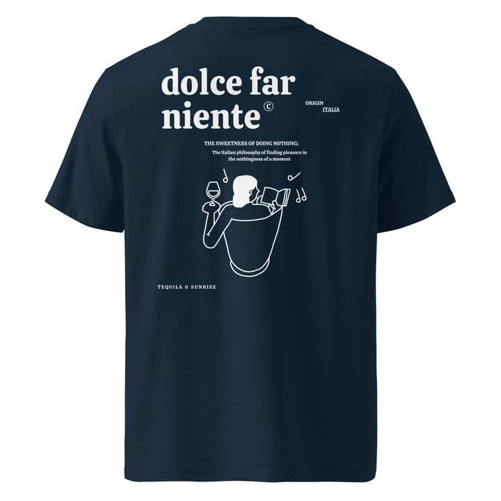 Dolce Far Niente Organic T-shirt with artistic graphic celebrating the sweetness of doing nothing.