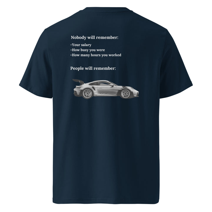 Porsche Nobody Will Remember You Organic T-shirt featuring a classic car graphic and memorable quotes on the back.