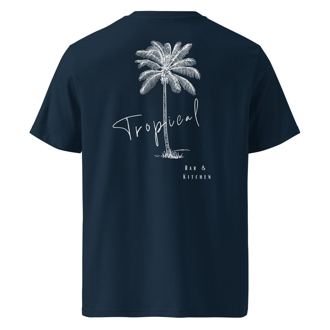 Tropical Bar & Kitchen Organic T-shirt featuring a palm tree design on a navy background.