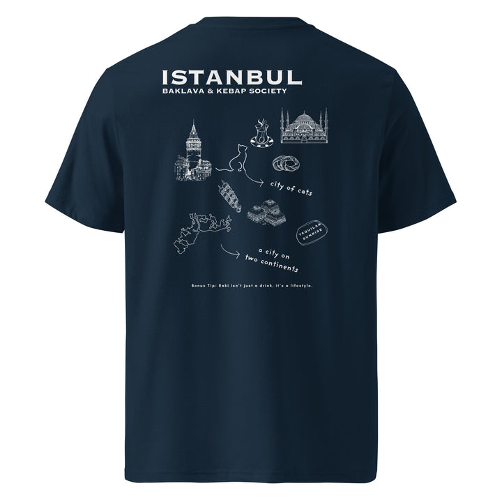 Istanbul Baklava & Kebab Society Organic T-shirt featuring iconic city graphics on a navy background.