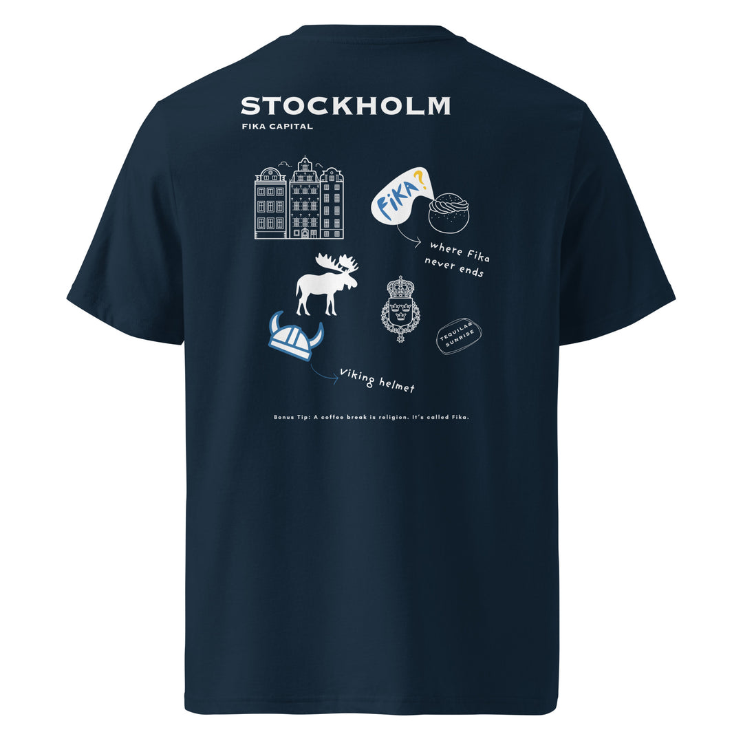 Back view of the Stockholm Archipelago Society Organic T-shirt featuring illustrations and the text FIKA!