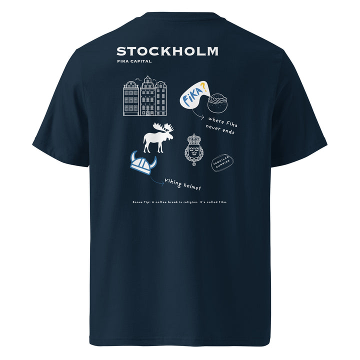 Back view of the Stockholm Archipelago Society Organic T-shirt featuring illustrations and the text FIKA!
