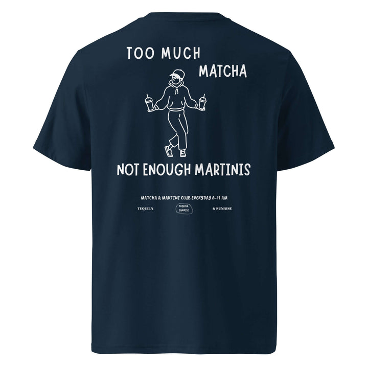 Navy blue t-shirt with white text and graphics on the back