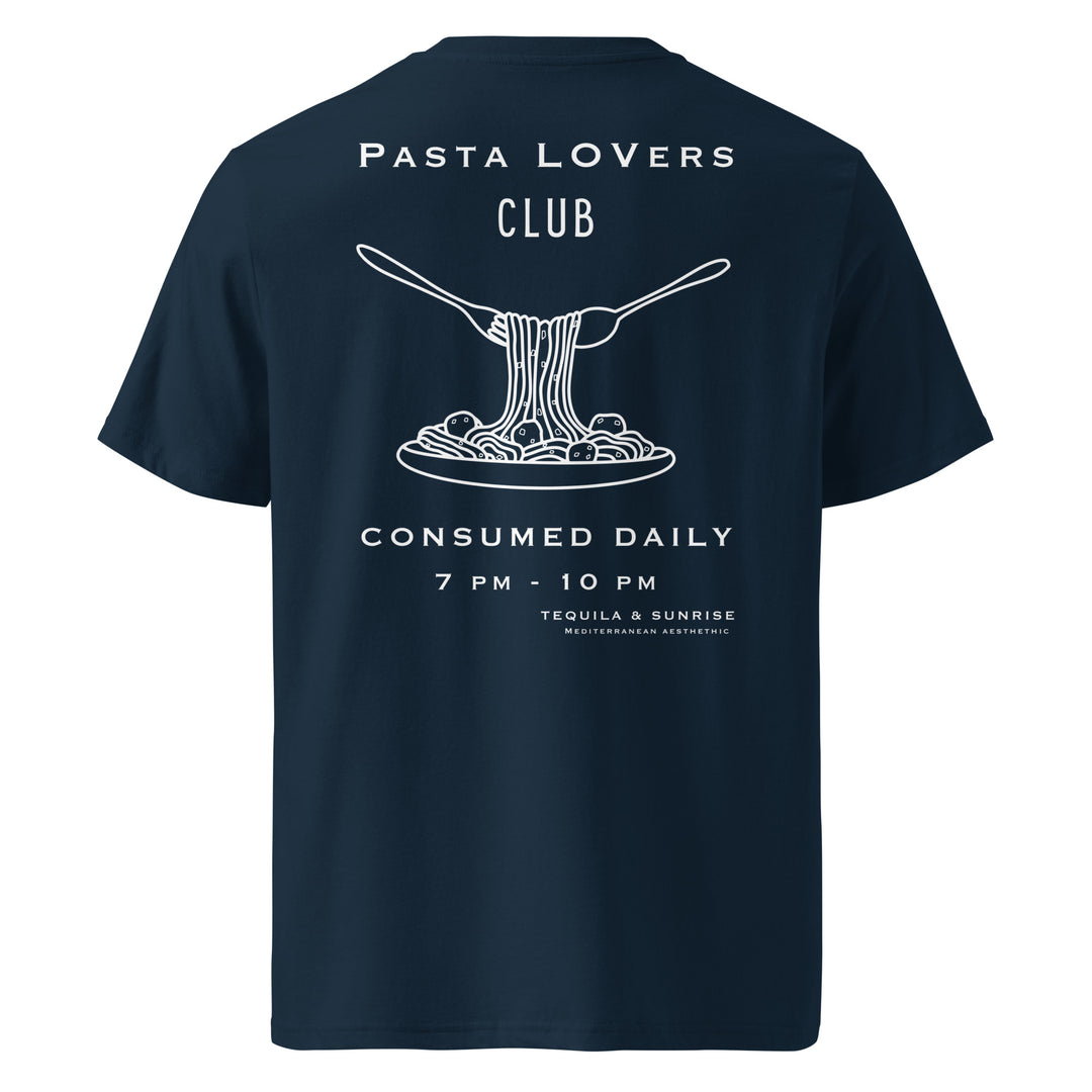 Pasta Lovers Club Organic T-shirt featuring a pasta design and event details on the back.