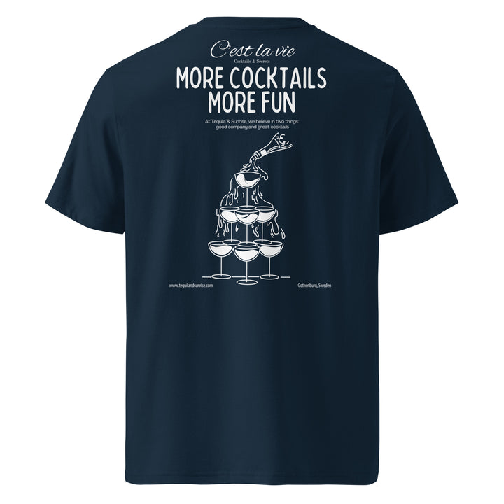 More Cocktails More Fun Organic T-shirt featuring cocktail tower design in navy blue.