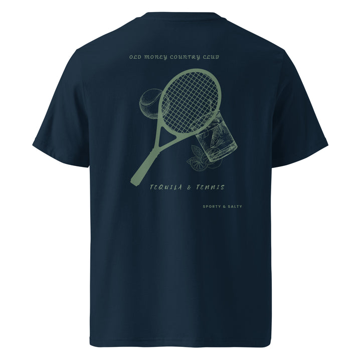 Sporty & Salty Organic T-shirt featuring a tennis racket and tequila design on a navy background.
