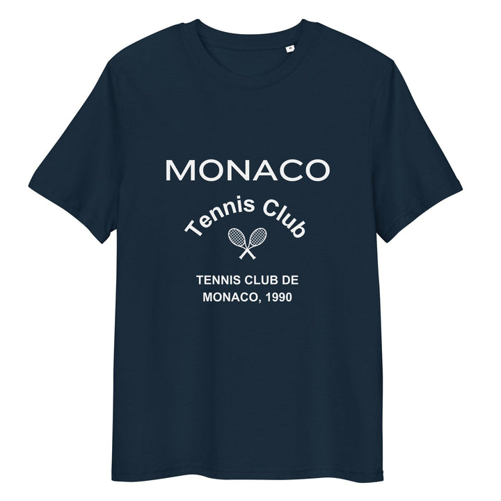 The Monaco Tennis Club Organic T-shirt from Tequila & Sunrise showcases a navy design highlighted by the "Monaco Tennis Club, Tennis Club de Monaco, 1990" text and a tennis racket graphic. Wear it to embrace an eco-friendly style.