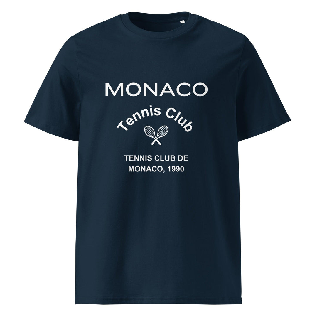 The Monaco Tennis Club Organic T-shirt by Tequila & Sunrise is an environmentally conscious option, made from organic cotton and adorned with a chic navy blue design featuring crossed rackets and the timeless "Tennis Club de Monaco, 1990" text.