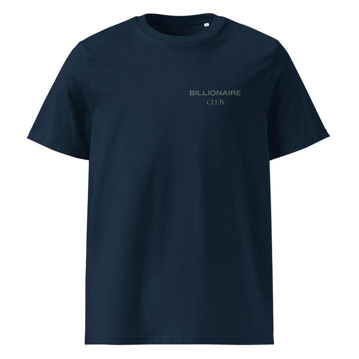 Introducing the Billionaire Club Minimalist Organic T-shirt by Tequila & Sunrise: a navy blue unisex t-shirt made from organic cotton, adorned with the words "Billionaire Club" in small print on the upper left side.