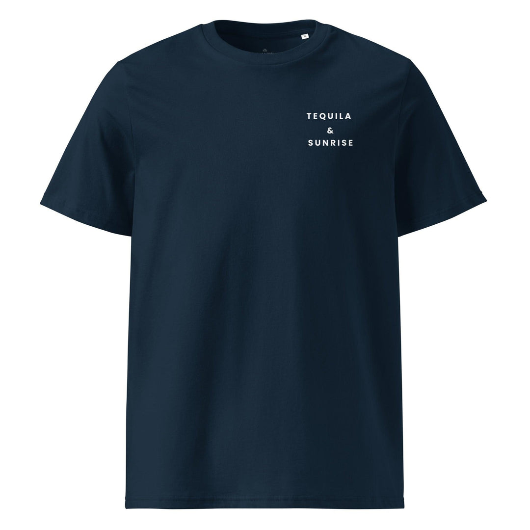 The Tequila & Tennis Organic T-shirt by Tequila & Sunrise is a navy blue unisex shirt made from organic cotton, featuring white text "Tequila & Sunrise" on the upper left front. This piece exemplifies eco-friendly fashion that seamlessly combines style with sustainability.