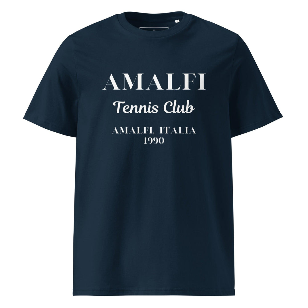 This sustainable, navy Amalfi Tennis Club Summer Italia 1980 Organic T-shirt from Tequila & Sunrise showcases "AMALFI Tennis Club AMALFI, ITALIA 1990" prominently printed in white.