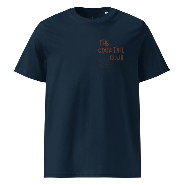 Introducing The Espresso Martini Organic T-shirt by Tequila & Sunrise: A stylish navy blue tee made from eco-friendly organic cotton, adorned with the bold and vibrant message "The Cocktail Club" in orange on the front. Ideal for Espresso Martini lovers seeking a sustainable fashion statement.