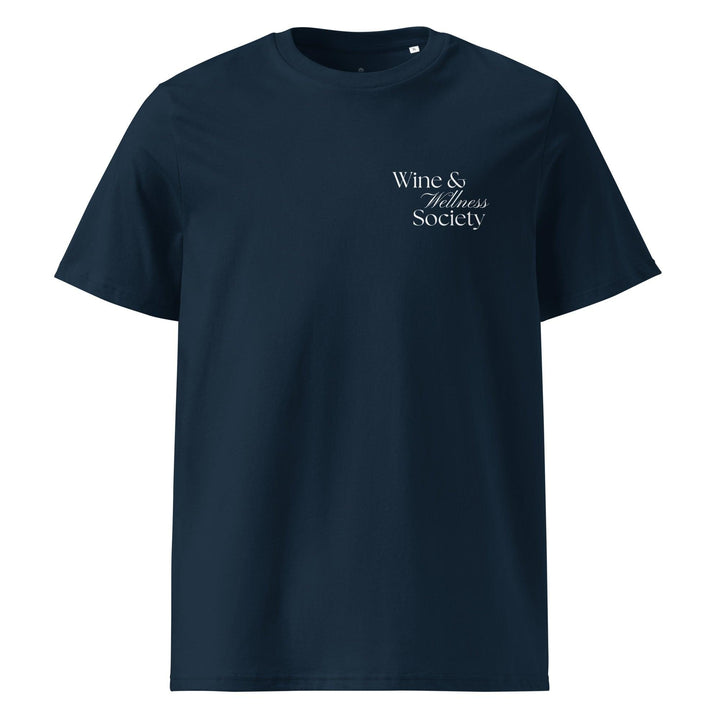 Tequila & Sunrise's Wine & Wellness Society Organic T-shirt features a navy blue color and displays "Wine & Wellness Society" in white on the upper left chest, making it an ideal choice for those who appreciate wellness apparel.