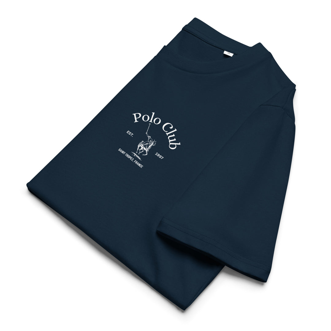 Introducing The St-Tropez Polo Club Organic T-shirt by Tequila & Sunrise: a navy blue t-shirt fashioned from organic cotton, showcasing a Polo Club design with a horse and rider graphic, accompanied by the text Est. 1897 – Save the Place.