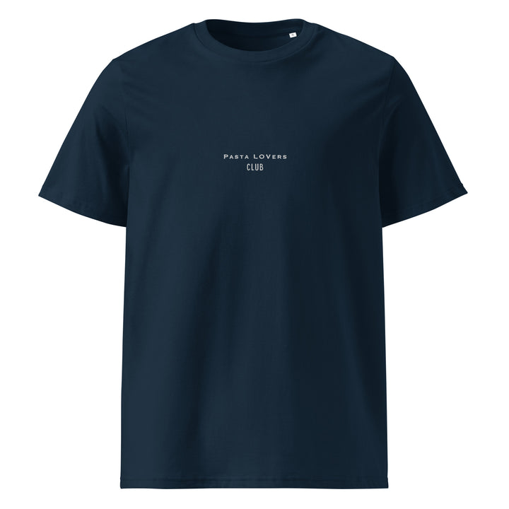 Introducing The Pasta Lovers Club Organic T-shirt by Tequila & Sunrise: a unisex tee made from sustainable organic ring-spun cotton, showcasing "PASTA LOVERS CLUB" in pristine white letters against a deep navy blue background.