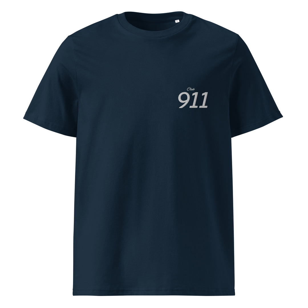 Tequila & Sunrise's Porsche Club 911 Organic T-shirt is a navy blue organic cotton shirt featuring the Club 911 logo on the upper left chest, perfect for Porsche enthusiasts.