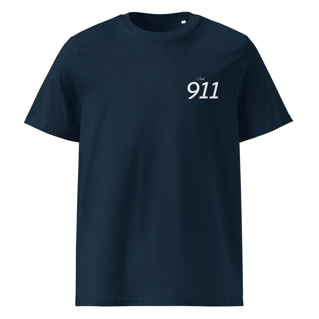 Porsche Club 911 Organic T-shirt in navy blue featuring a clean 911 logo design, perfect for car enthusiasts.