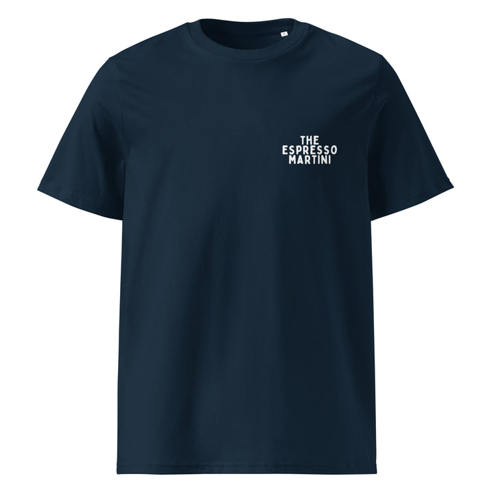 If We Were Espresso Martinis Organic T-shirt in navy featuring 'THE ESPRESSO MARTINI' text.