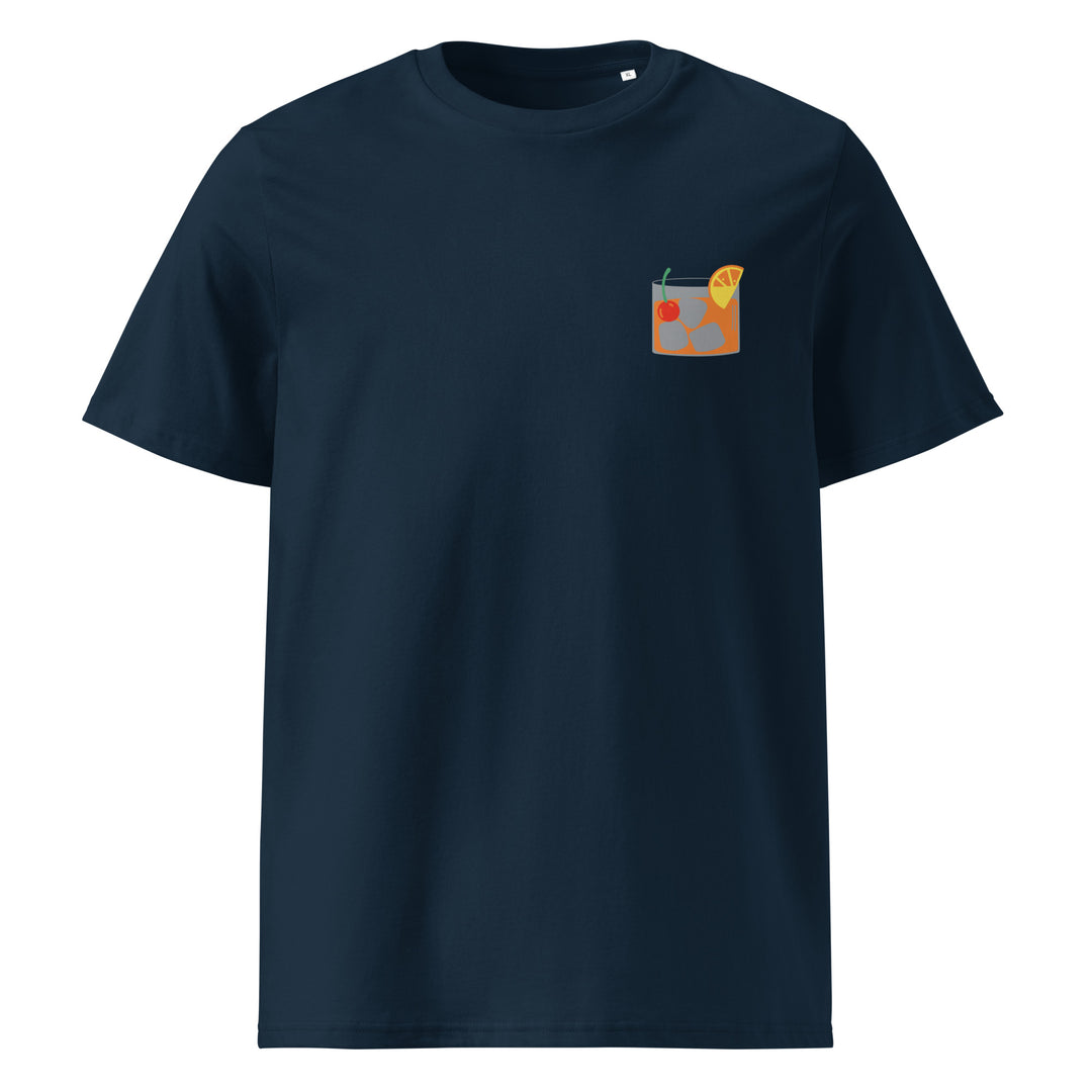 Old Fashioned Glass Organic T-shirt in navy blue featuring a fun cocktail graphic on the chest.