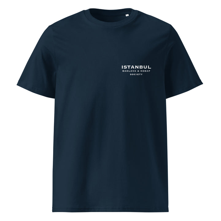 Istanbul Baklava & Kebab Society Organic T-shirt in navy blue, featuring logo on chest, eco-friendly cotton.