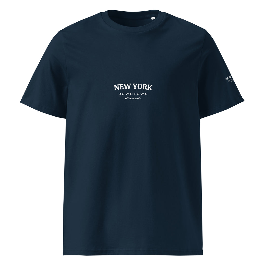 New York Downtown Athletic Club Organic T-shirt in navy blue with logo design.