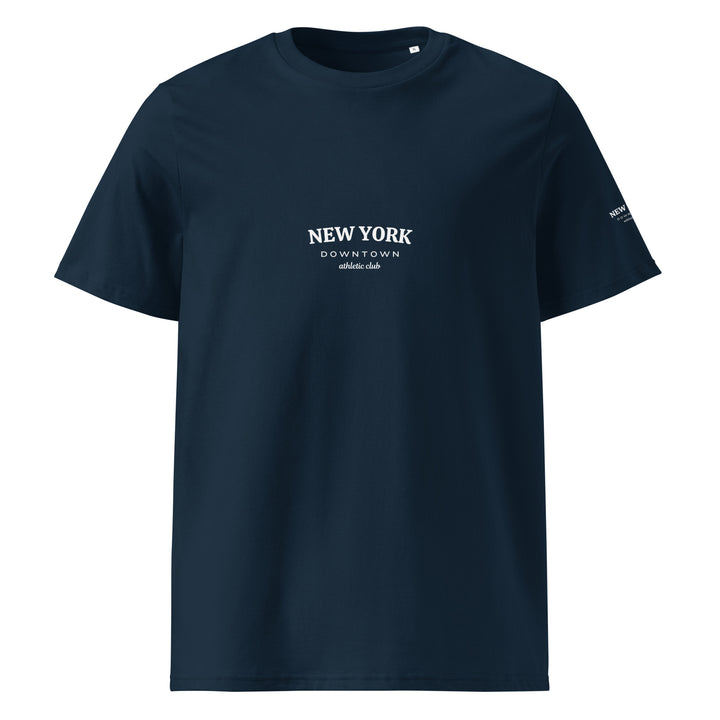 New York Downtown Athletic Club Organic T-shirt in navy blue with logo design.