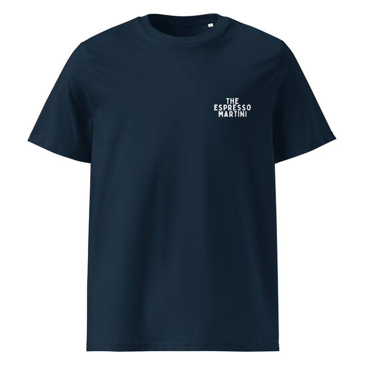 Espresso Martini Organic T-shirt in navy featuring 'THE ESPRESSO MARTINI' text design.