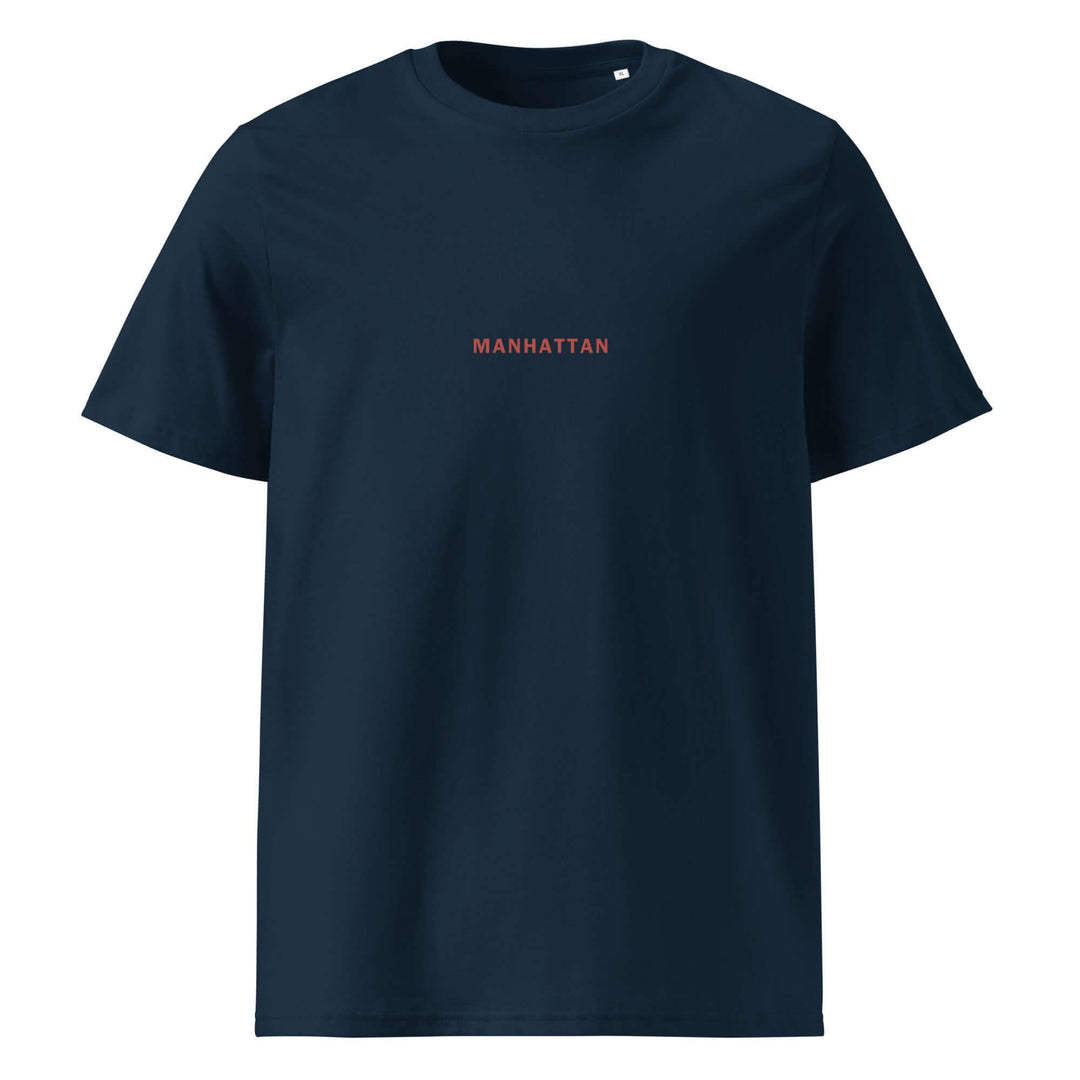 Manhattan Organic T-shirt in navy blue made from 100% organic ring-spun cotton, featuring 'MANHATTAN' print.