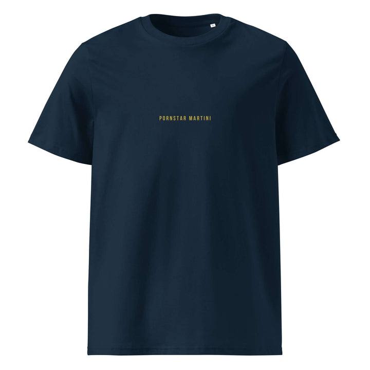 Pornstar Martini Organic T-shirt in navy color, made from 100% organic cotton, unisex medium fit, eco-friendly wear.