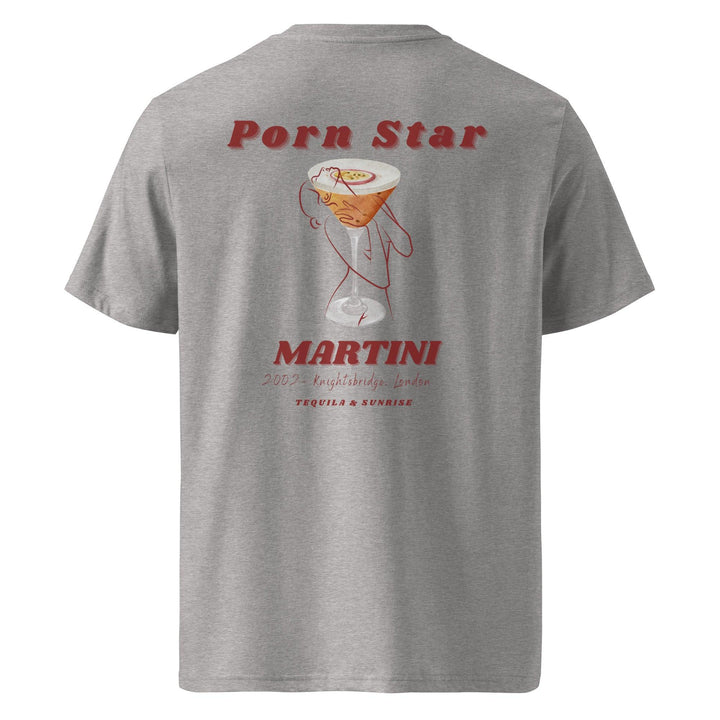 The Porn Star Martini Organic T-shirt by Tequila & Sunrise is a gray graphic tee designed with a cocktail glass and text highlighting a 2002 event in Knightsbridge, London. Crafted from eco-friendly organic cotton, it offers a sustainable style choice.