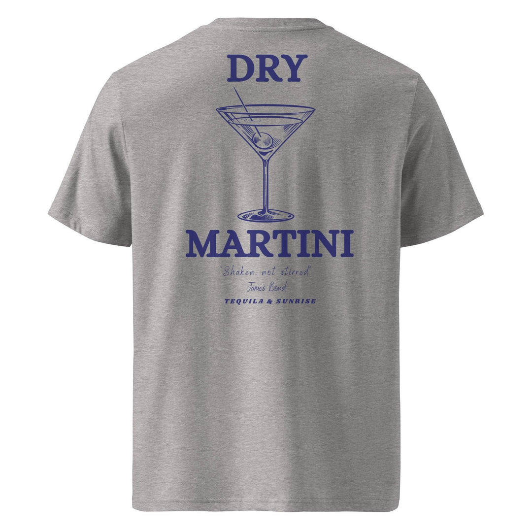 The Dry Martini James Bond Quote Organic T-shirt by Tequila & Sunrise is an eco-friendly, gray tee made from organic cotton. It features a blue outline of a martini glass with the text "DRY MARTINI" and "Shaken, not stirred." The design captures James Bond's iconic flair alongside a subtle brand touch from Tequila & Sunrise.