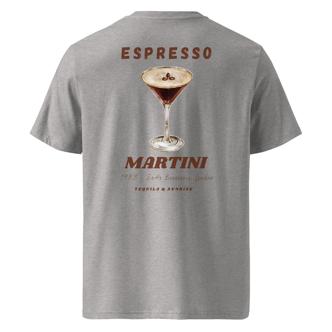 This gray T-shirt from Tequila & Sunrise, known as The Espresso Martini Organic T-shirt, is made from eco-friendly organic cotton and showcases an illustration of an espresso martini on the back, accompanied by the text ESPRESSO MARTINI and additional small details.