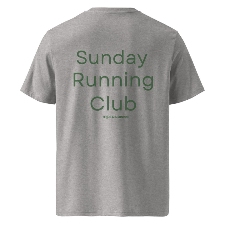 The Sunday Running Club Organic T-shirt, designed by Tequila & Sunrise, features large green lettering and is crafted from gray organic cotton. It's an ideal choice for eco-friendly Health & Wellness Club enthusiasts.