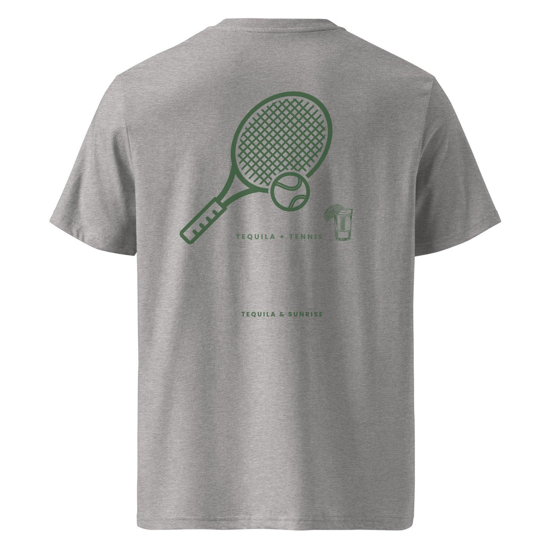 Introducing The Tequila & Tennis Organic T-shirt by Tequila & Sunrise: This eco-friendly unisex tee showcases a vibrant green graphic of a tennis racket and ball, paired with the text "Tequila + Tennis" and "Tequila & Sunrise." Crafted from organic cotton, it provides comfort while maintaining effortless style.