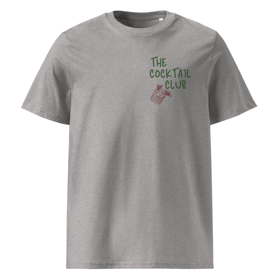 Introducing the "The Porn Star Martini Organic T-shirt" by Tequila & Sunrise, crafted from organic cotton. This eco-friendly fashion piece features "The Cocktail Club" in green with a cocktail glass illustration on the front.