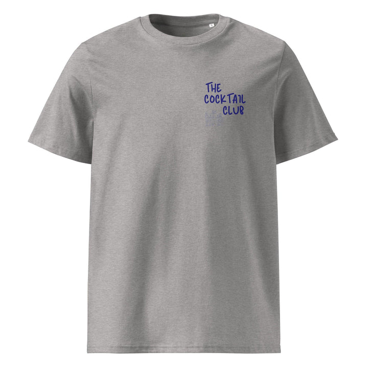 The Old Fashioned Organic T-shirt by Tequila & Sunrise is a gray graphic tee made from eco-friendly organic cotton, featuring "THE COCKTAIL CLUB" printed in blue on the upper left side.