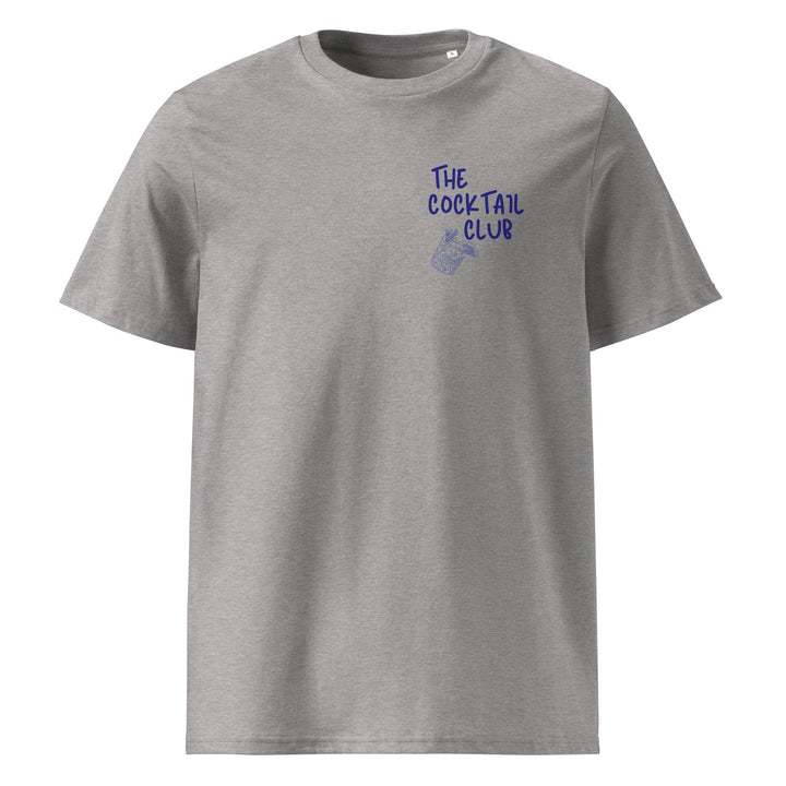 Tequila & Sunrise presents The Dry Martini James Bond Quote Organic T-shirt, a gray organic cotton design featuring blue "The Cocktail Club" text and a subtle graphic of a hand holding a drink on the upper left front.