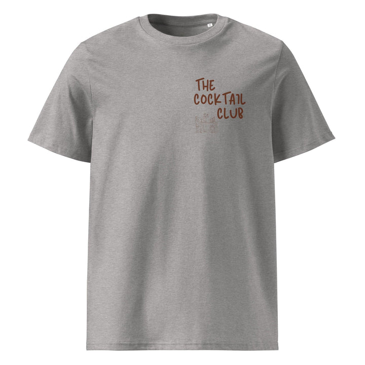 The Espresso Martini Organic T-shirt by Tequila & Sunrise is a gray T-shirt made from organic cotton, featuring brown text that reads "THE COCKTAIL CLUB" on the front, celebrating the Espresso Martini in an eco-friendly style.