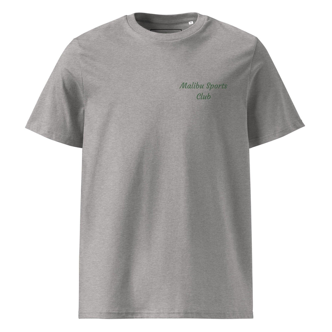 Gray Malibu Sports Club Organic T-shirt by Tequila & Sunrise, made from organic cotton and displaying "Malibu Health and Wellness Club" in green on the left chest.