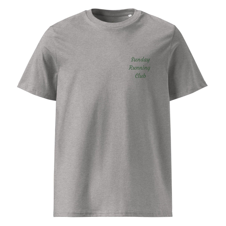 The Sunday Running Club Organic T-shirt by Tequila & Sunrise features gray organic cotton with "Sunday Running Club" elegantly printed in small green text on the upper left. Show your commitment to eco-friendliness and express your passion for staying active while connecting with a lively Health & Wellness Club community.