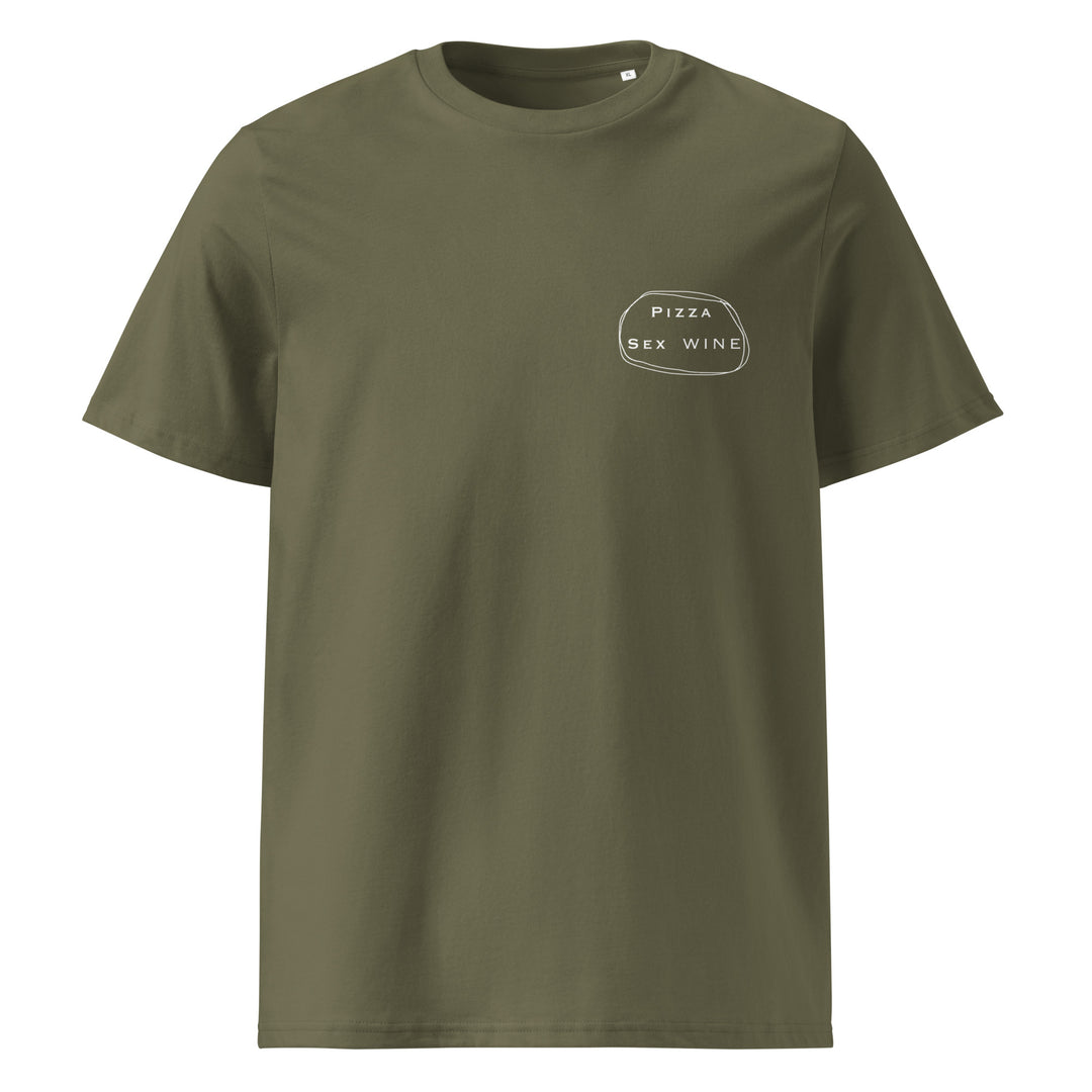 Pizza & Sex & Wine Organic T-shirt in olive green, made from 100% organic cotton, unisex fit.