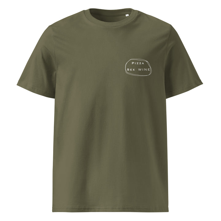 Pizza & Sex & Wine Organic T-shirt in olive green, made from 100% organic cotton, unisex fit.