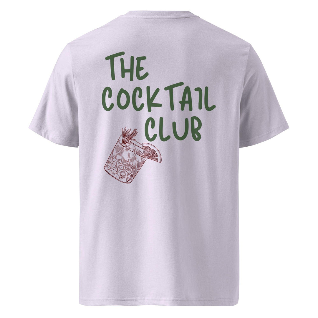 The Tequila & Sunrise's The Cocktail Club Organic T-shirt, designed for all genders, is crafted from organic cotton and adorned with the text "The Cocktail Club" accompanied by a cocktail glass illustration.