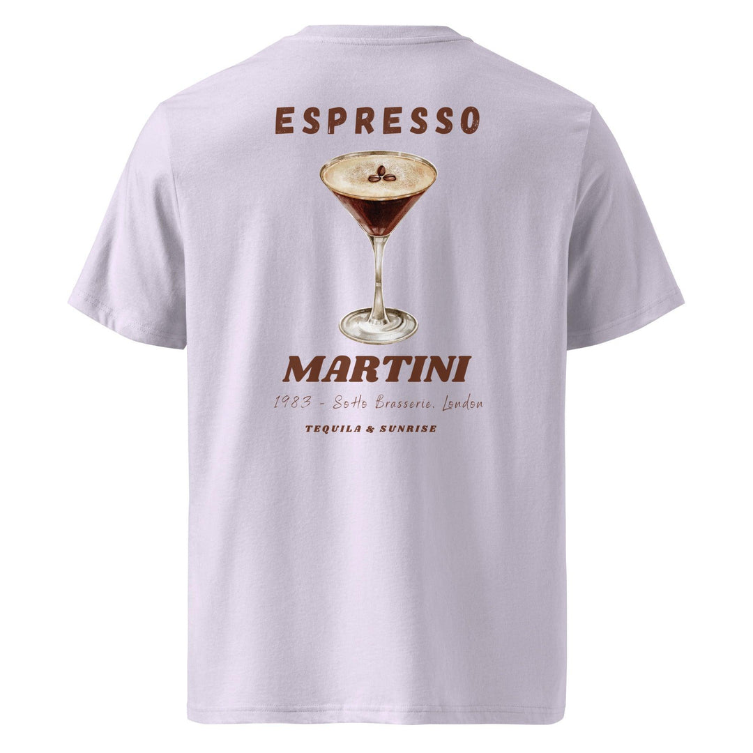 This eco-friendly t-shirt from Tequila & Sunrise, named The Espresso Martini Organic T-shirt, features a graphic of an espresso martini with coffee beans and the text: ESPRESSO MARTINI, 1923 - Soho Brasserie, London. Crafted from organic cotton for a sustainable style statement.