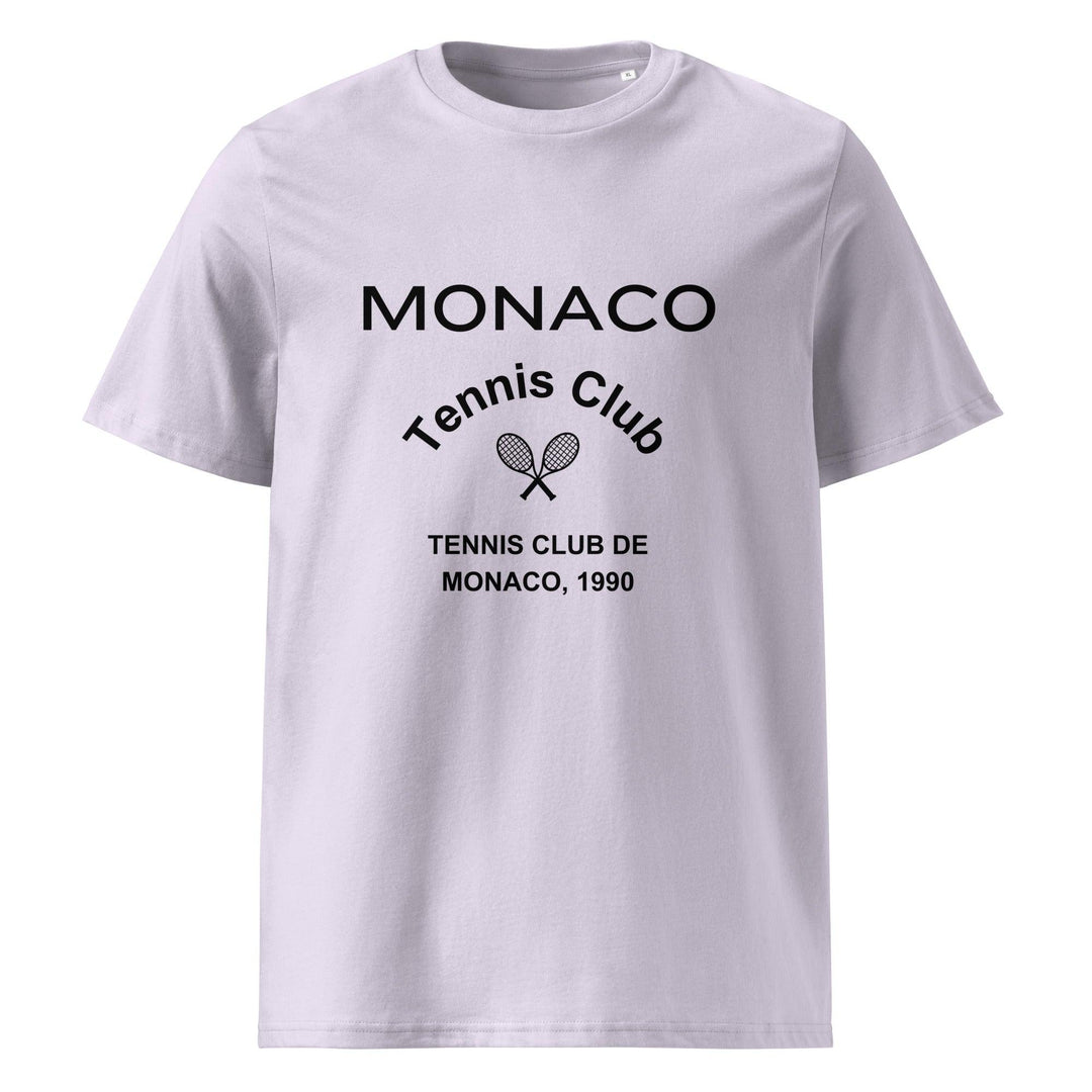 The Monaco Tennis Club Organic T-shirt from Tequila & Sunrise showcases a stylish design with the text "Monaco Tennis Club" and tennis racket graphics, complemented by "Tennis Club de Monaco, 1990" printed beneath.