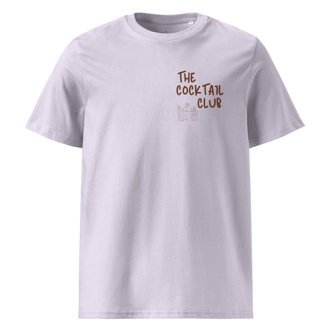 The Espresso Martini Organic T-shirt by Tequila & Sunrise is a gray tee made from organic cotton, featuring The Cocktail Club printed in brown on the front, inspired by the classic Espresso Martini vibe.