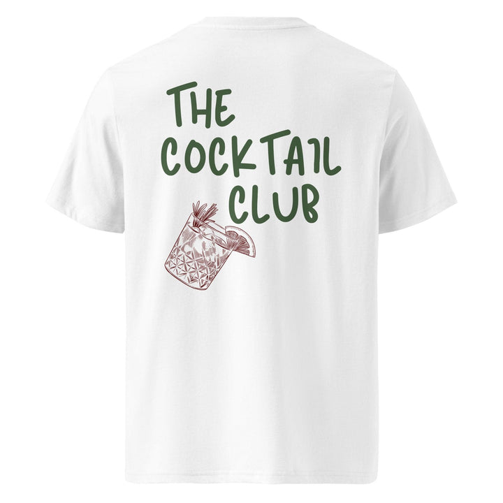 Introducing The Cocktail Club Organic T-shirt by Tequila & Sunrise: This unisex white tee is made from organic cotton and showcases a stylish illustration of a cocktail glass with "The Cocktail Club" text on the back. Ideal for those who value both fashion and eco-conscious apparel.