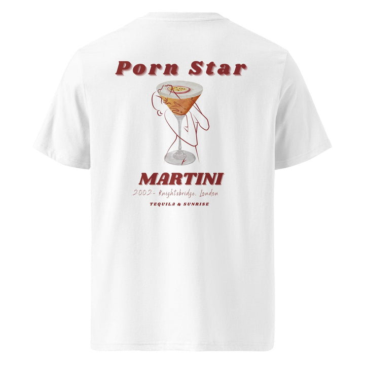 The Porn Star Martini Organic T-shirt from Tequila & Sunrise showcases a vibrant cocktail glass design paired with the text: Porn Star Martini, 2002 - Knightsbridge, London. Crafted from eco-friendly organic cotton, it offers a stylish and sustainable choice.